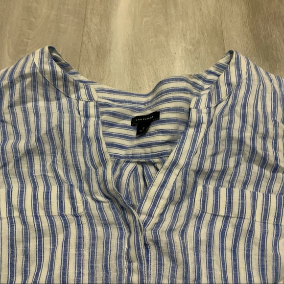 Ann Taylor 100%LINEN Blue White Striped Top Sz S - Picture 5 of 9